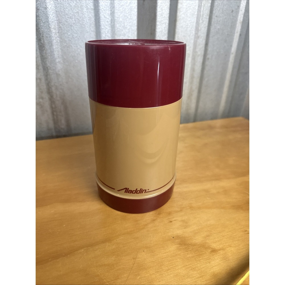 Aladdin Wide Mouth Pint Vacuum Bottle Maroon Tan USA Vintage